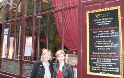 Fiona and Andrea outside the restaurant, Le Grand Colbert in Paris