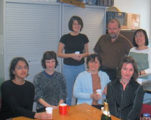 Zarine, Fiona, Sarah, Caroline, John, Trang and April who relunctantly puts the champagne back on the table