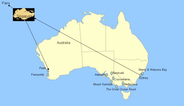 map of Singapore and Australia