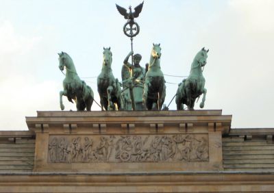 The horse and chariot statue on the top of the Brandenburg Gate