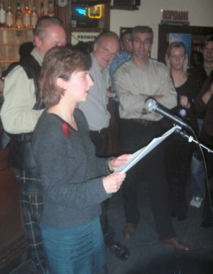 Fiona reciting a poem in honour of Kate o' Shanter