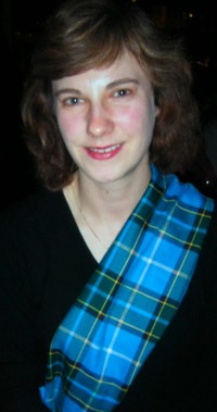Fiona wearing a Manx tartan sash