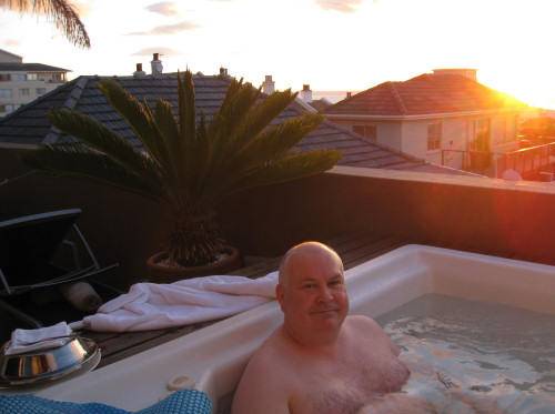 John in the jacuzi at O on Kloof hotel, Bantry Bay