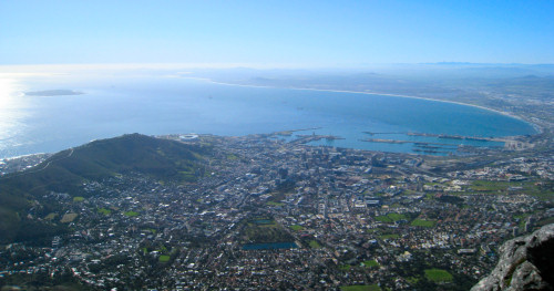 view of Cape Town, the stadium and Robben Island from the top of Table Mountain