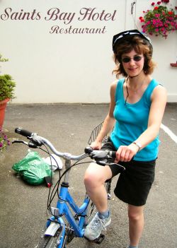 Fiona setting off cycling from the Saints Bay Hotel in Guernsey