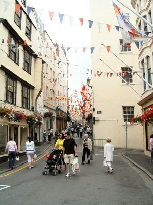 St Peter Port, The High Street with the bunting 