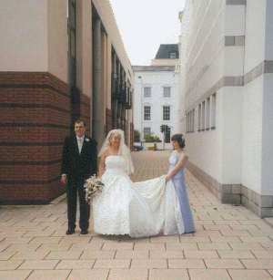 Helen,the blushing bride, Terry, the groom and me, chief bridesmaid outside Douglas Registry