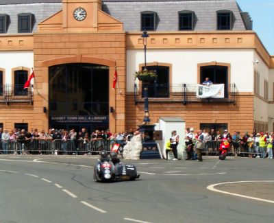 the sidecar races at Parliament Square Ramsey in TT week 2004