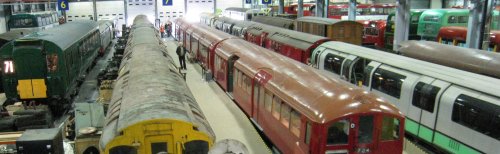 Rolling stock on display at London Transport Museum in Acton.