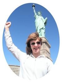 Fiona pretending to be the Statue of Liberty in New York