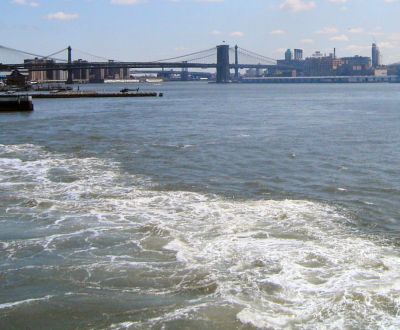 view of Brooklyn Bridge on board the Staten Island Ferry