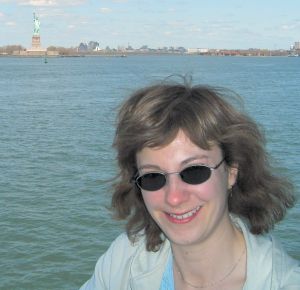 Fiona on the Staten island ferry sailing past the Statue of Liberty