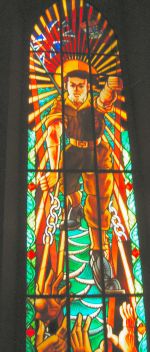 Canadian soldier in the stained glass window of St Jacques church, Dieppe