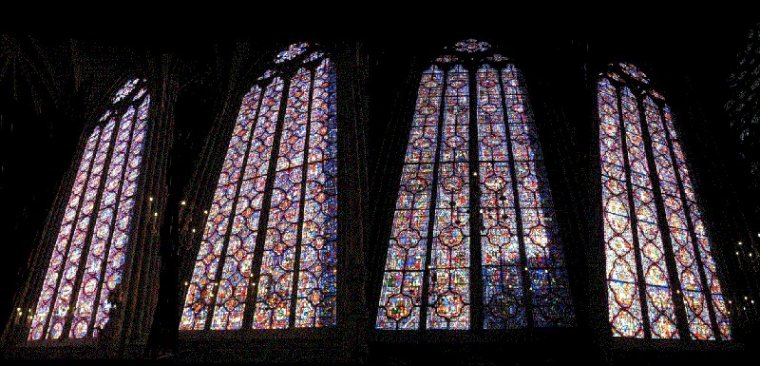 a panoramic view of some of the stained glass windows in Sainte Chapelle.
