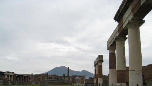 The forum at Pompeii with Mount Vesuvius in the background.