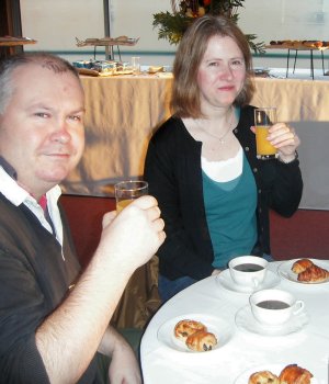 John and Helen tuck into croissants and pain au chocolats