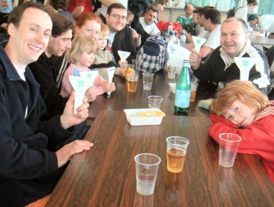 Dave, Jean-Phi, Misha, Ilona, Jonah, John and Pollie proudly wave their ice scrapers