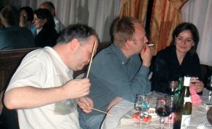 John improvises with chopsticks