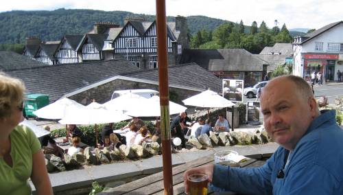 Robbie & John in a beer garden in the Lake District.