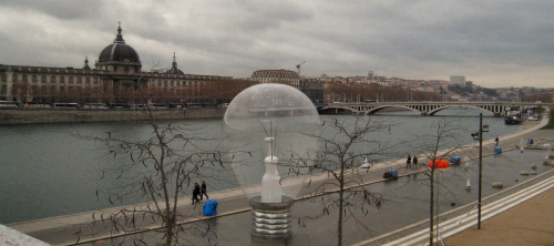 Giant lighbulb next to the Rhone river in Lyon