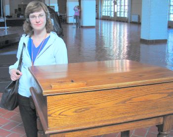 Fiona on the audio tour at Ellis Island , New York