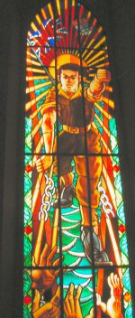 Canadian soldier in the stained glass window of St Jacques church, Dieppe
