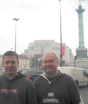 Opera goers, Howard and John ouside the new opera house at Bastille