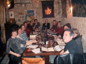 consulting the menus. Fiona, Carolina, Andy, Dave, Pierre, Phil, the birthday boy, Malene, Jo, Aaron, Kathleen, Jodie