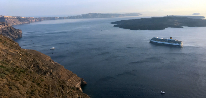 Cruise ships visit Santorini.