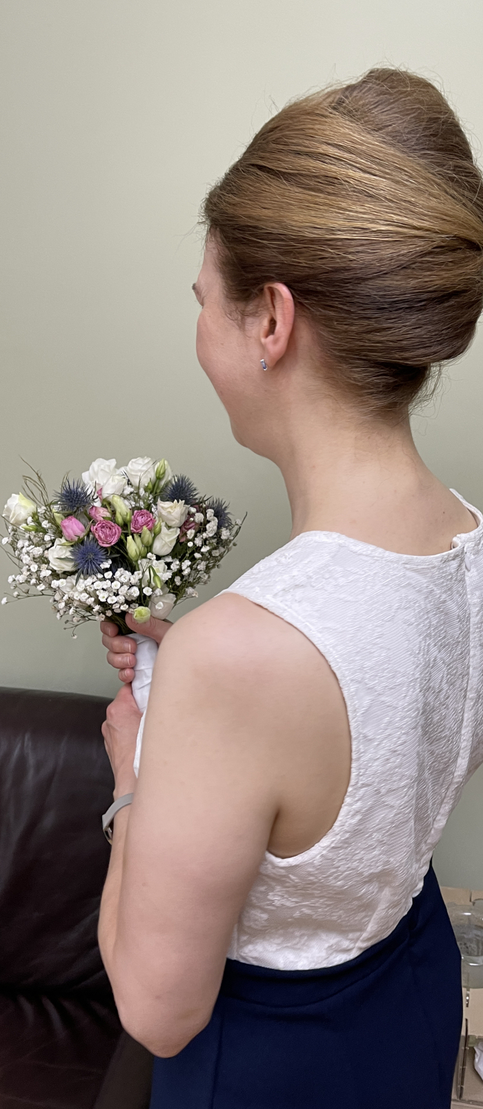 wedding dress, hair, flowers