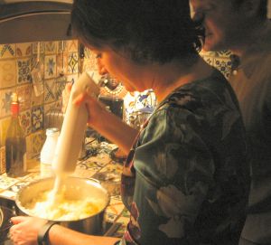 Cynthia mashing the spuds